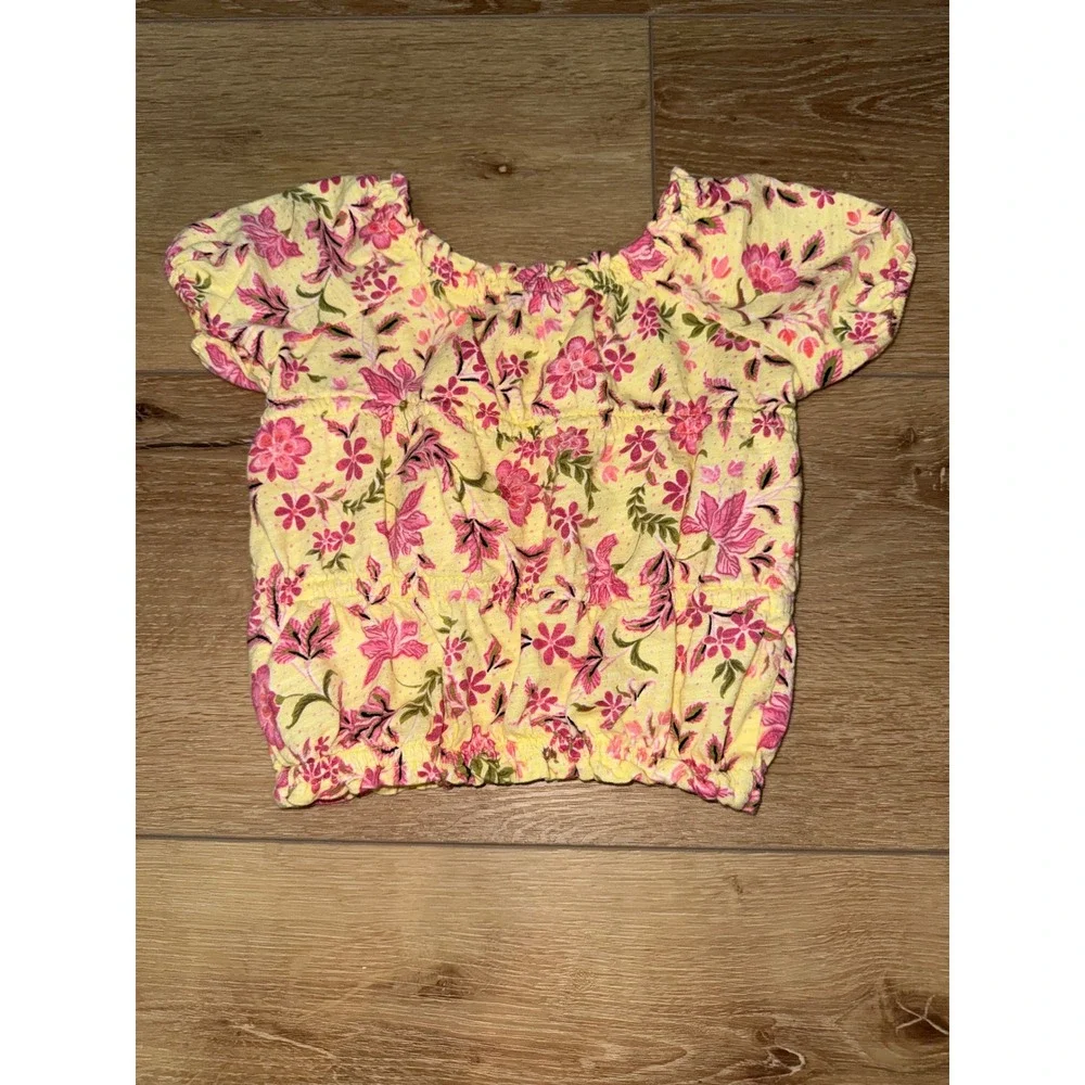 Old Navy Toddler Girls Yellow Pink Floral Smocked Peasant Top Blouse‎ 3T